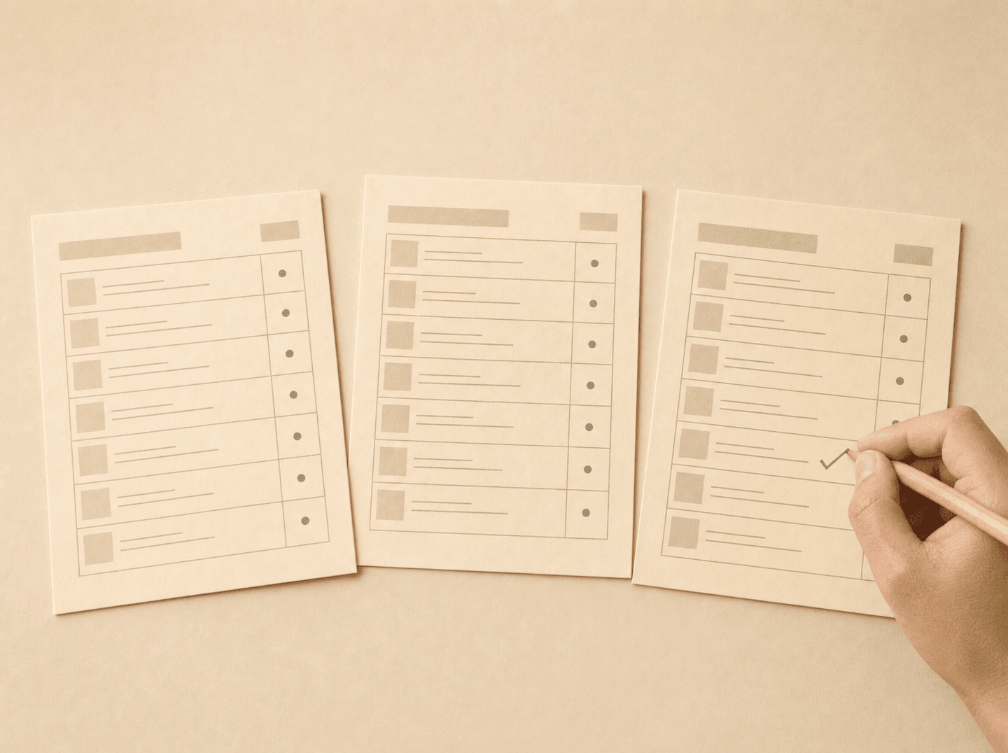 Editorial illustration of three pricing sheets laid side by side on a desk with a pencil marking one line (comparing dental billing companies' published rates), warm muted tones